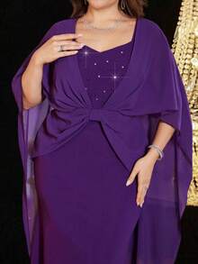 Reflora Plus Size Women Elegant Purple Dress,Formal Wedding Guest Party Dress,Sweetheart Neck Rhinestone & Faux Pearl Decor Bodycon Mermaid Hem,Autumn 2026 - Purple - View 13