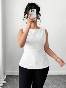 Elenzga Plus Size Women's Summer White Elegant Wedding Guest Blouse,Round Neck Sleeveless Bow-Tie Backless Hollow Eyelet Knit Casual Vacation Tops,Zanzea - White - View 4