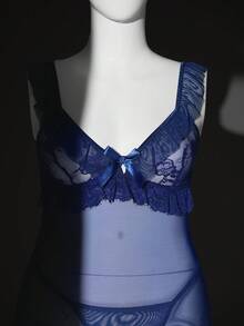 SHEIN Bộ 2 món gồm váy hai dây ren phối ren gợi cảm cỡ lớn và áo ngủ. - Màu xanh hải quân - Xem 10