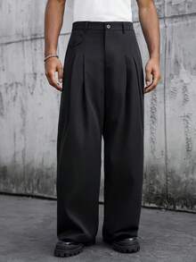 SLATEMANN 男士纯色褶裥斜插口袋休闲宽松裤 - 黑色 - 查看 3