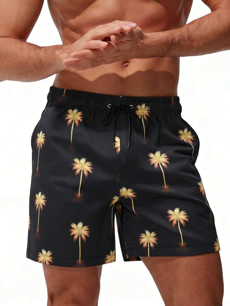 Manfinity Swimmode 男士植物印花斜插口袋抽绳腰休闲度假沙滩短裤 - 黑色 - 查看 1