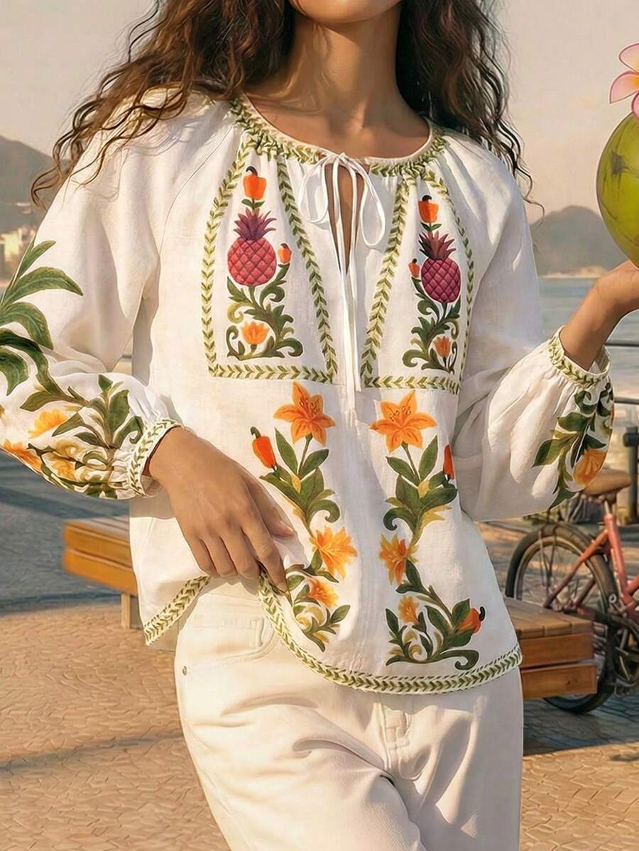 CAJUNI Women's Floral Print Front Tie Raglan Sleeve Casual Shirt - Apricot - View 1