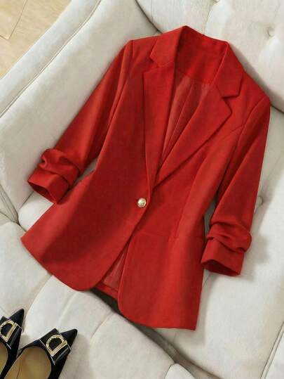 Saco Blazer Mujer Elegante Clásico  Corte con Faldón bajo un Botón Dorado Solapa Manga Larga Otoño Invierno Oficina Casual Saco elegante para mujer con faldón, diseño con solapa clásica, botón decorativo metálico, corte entallado, blazer formal casual, eventos, atuendo profesional, para el trabajo o eventos especiales