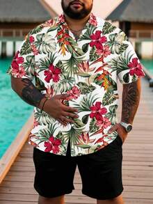 Genlund Áo sơ mi nam cỡ lớn in hoa, cài cúc phía trước, tay ngắn, kiểu dáng thường ngày, thích hợp cho kỳ nghỉ. - Nhiều màu - Xem 6