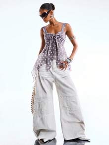 LYSMO 2026新款极简主义春夏女式波点甜心领无袖不对称下摆打结时尚背心，外出上衣 - 淺灰紫 - 查看 4