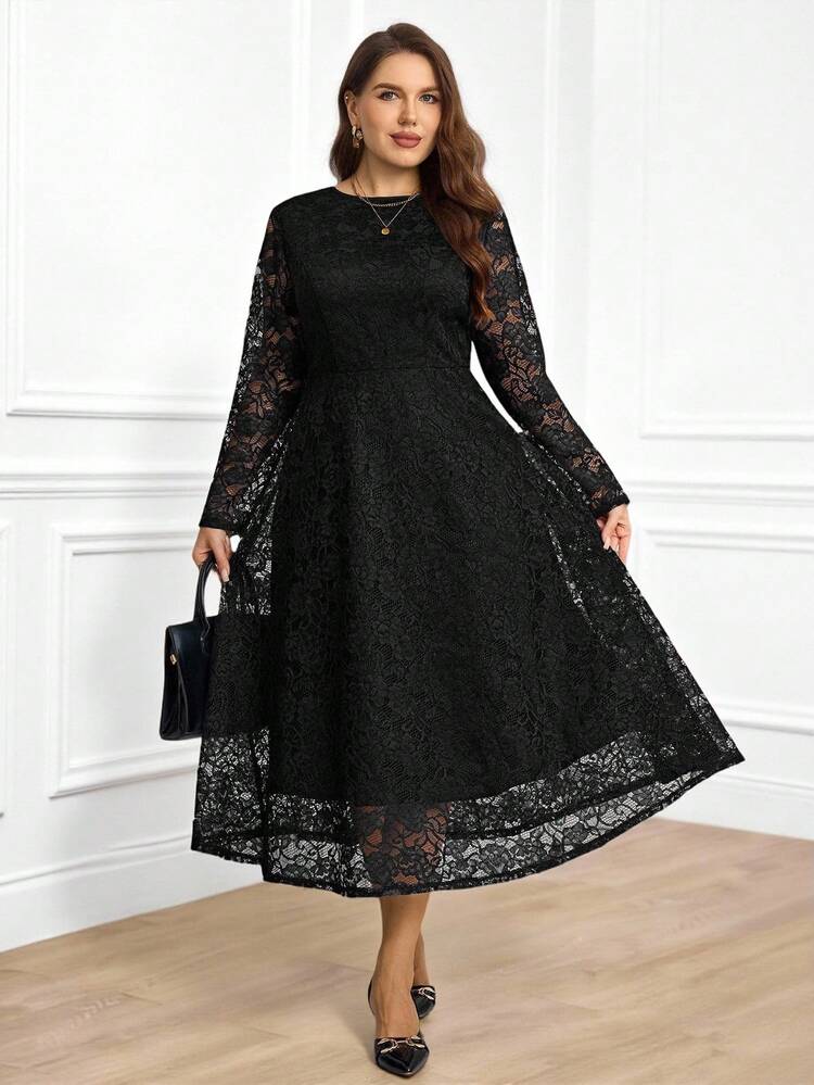 Plus Size Solid Color Minimalist Hollow Out Long Sleeve Dress, Everyday Wear Plus Size Lace Dress Black Elegant Dress Curve Black Lace Dress Plus Size Black Lace Dress Plus Size Elegant Dress