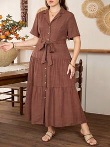 Lacomfia Elegant Waist-Cinched Short Sleeve A-Line Plus Size Dress, Suitable For All Occasions In Spring And Summer - Coffee Brown - View 4