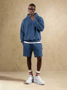SUMWON Essential Drop Crotch Relaxed Fit Casual Sweat Shorts With Drawstring Waistband For Comfortable Everyday Wear - Teal Blue - View 3