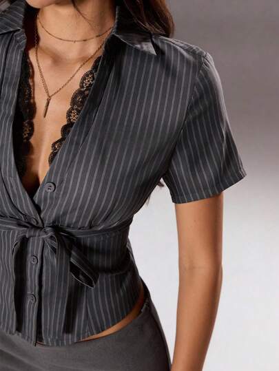 SHEIN SXY Contrast Lace Striped Sexy Business Casual Shirt,Summer, Spring,Going Out,Stripe