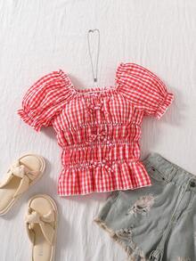 少女甜美度假乡村法式可爱方领泡泡袖蝴蝶结格子BM风格衬衫，春夏款 - 藍色 - 查看 3