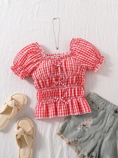 Blusa/camisa de estilo BM con cuello cuadrado, mangas abullonadas, lazo y estampado de cuadros, en estilo francés campestre, para niñas preadolescentes, para primavera/verano