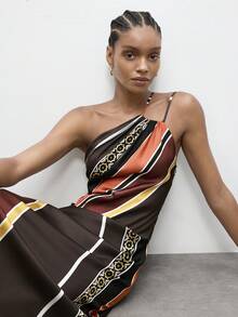 Maija Brown Dress Striped Dress With Asymmetric Hem, Asymmetrical Shoulder, Suitable For Vacation & Beach Tighten The Waist Beach Dress Summer Dress Festival Dresses Elegant Holiday Outfits - Multicolor - View 4