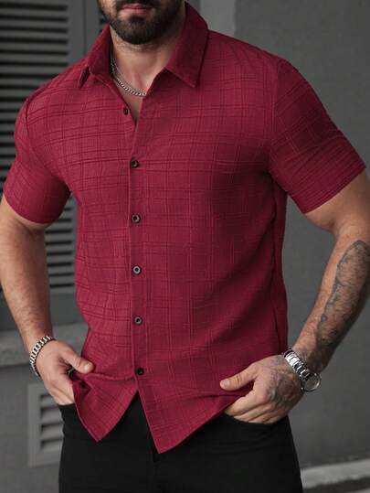 Manfinity CasualCool Men's Solid Color Straight Collar Short Sleeve Button-Front Casual Shirt, Versatile For Summer