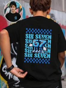 Tween Boys' Black Summer Casual City Break Fashionable "67" "Six Seven" Reversible Graphic Print Short Sleeve Round Neck T-Shirt,Suitable For Outings - Black - View 3