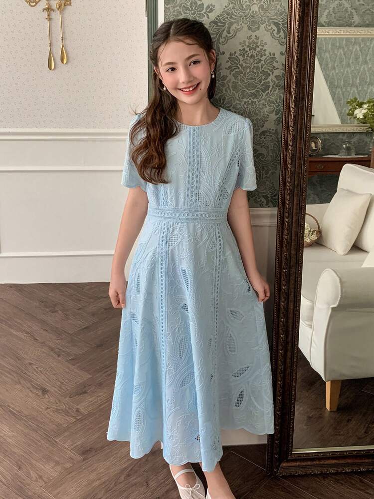 Tween Girls Solid Color Round Neck Short Sleeve Dress Summer