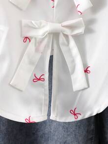 女童夏季可爱白色长袖衬衫，后背系蝴蝶结，数码印花，不规则下摆，小翻领，纽扣闭合，轻薄透气，适合日常穿着，春夏蝴蝶结衬衫 - 白色 - 查看 6