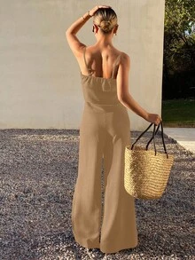 Livesso Bộ đồ mặc nhà mùa hè thoải mái dành cho nữ, gồm áo hai dây xếp ly và quần ống rộng. - Màu Khaki - Xem 2