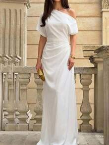 Aloruh 女士优雅斜肩收腰连衣裙，夏季 - 白色 - 查看 4