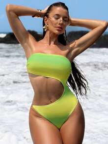 Bonvoyette 女士渐变镂空设计不对称肩带连体泳衣 - 彩色 - 查看 3