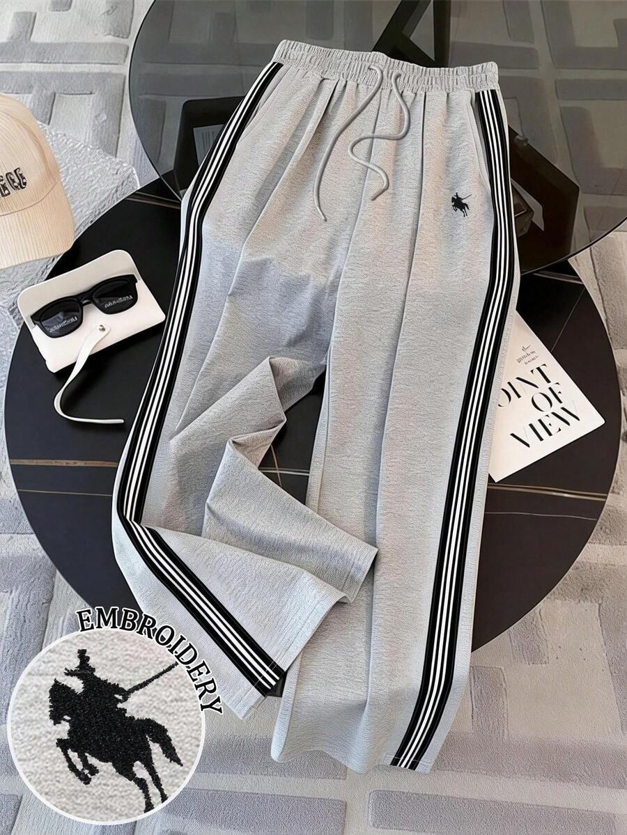 Resyla 条纹编织腰带休闲宽松直筒裤，送朋友的礼物 - 灰色 - 查看 1