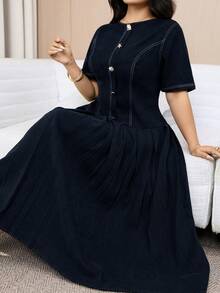Modelyn Plus Size Solid Color Round Neck Metal Decor Casual Short Sleeve Dress - Navy Blue - View 3