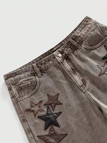 ROMWE MEN Men's Star Embroidery Slant Pocket Casual Versatile Denim Shorts - Brown - View 3