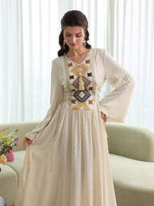 Yasmyna Women's Brown Woven Jacquard Long Sleeve Embroidered Tie-Waist A-Line Fringe Pendant Elegant Romantic Turkish & Arabic Traditional Maxi Dress, Spring/Summer - Apricot - View 3