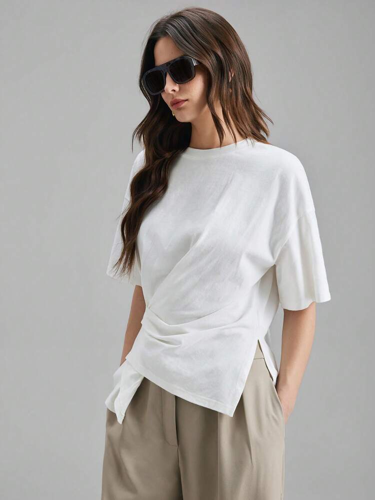 Ontre 2026 Nueva Camiseta de Manga Corta Blanca con Pliegues en los Laterales y Bajo Irregular, Adecuada para Fiestas Urbanas Modernas, Vuelta al Colegio, Estilo Bohemio Casual, Vacaciones, Festivales, Primavera, Carnaval de San Valentín, Playa, Fiesta y Ceremonia de Graduación para Mujeres - Blanco - Añade 8