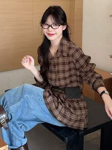DAZY Women's Turndown Collar Plaid Korean Style Ruffle Trim Long Sleeve Fresh Blouse - Coffee Brown - View 6