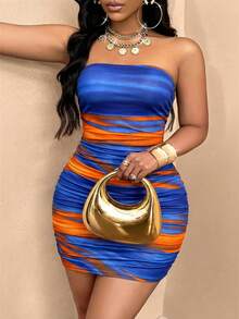 SOLERSUN Gaun Pesta Bodycon Tanpa Tali Motif Marmer Ukuran Plus untuk Wanita (Motif Bunga Acak) - Coral Orange - View 8