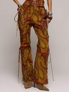 MUSERA Low Rise Abstract Print Lace Up Detail Flared Denim Jeans Spring Summer Sexy Date Night Club Festival Holiday Night Out Vacation Soul Ties - Multicolor - View 2