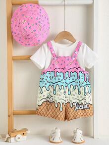 SHEIN Bộ quần áo liền quần/quần short in hình kem hoạt hình dễ thương cho bé trai/bé gái sơ sinh, kiểu dáng thường ngày, đa năng, kèm mũ, thích hợp mặc ở nhà, đi chơi, nghỉ mát vào mùa xuân/hè. - Nhiều màu - Xem 8