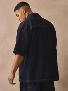 Musero 落肩短袖纽扣翻领牛仔衬衫，缝线细节设计，春夏必备单品 - 深色水洗藍 - 查看 4