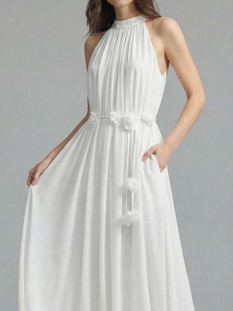 Women's Elegant Vacation Style Solid Color Pleated Fuzzy Ball Tie Waist Sleeveless Dress