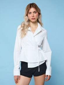 COUREZ 长袖裹身修身衬衫 / Y2K 夏季女装 白色衬衫 沙滩装 度假装 泳装 夏季度假外出装 - 白色 - 查看 1