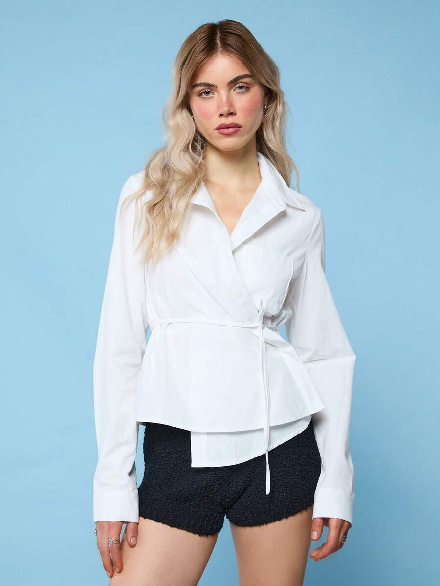 COUREZ 长袖裹身修身衬衫 / Y2K 夏季女装 白色衬衫 沙滩装 度假装 泳装 夏季度假外出装 - 白色 - 查看 1