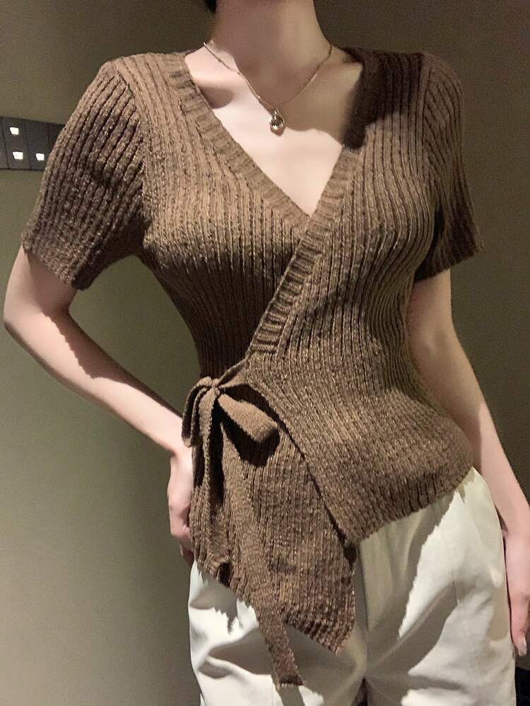 Women's Solid Color Short Sleeve Wrap Tie Casual Knit Top