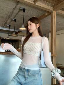 DAZY 女士扎染双层网眼上衣，修身波点T恤衫，春夏款 - 白色 - 查看 7