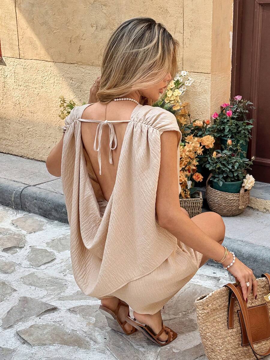 SHEIN Frenchy 女士度假休闲纯色露背连体裤 - 杏色 - 查看 1