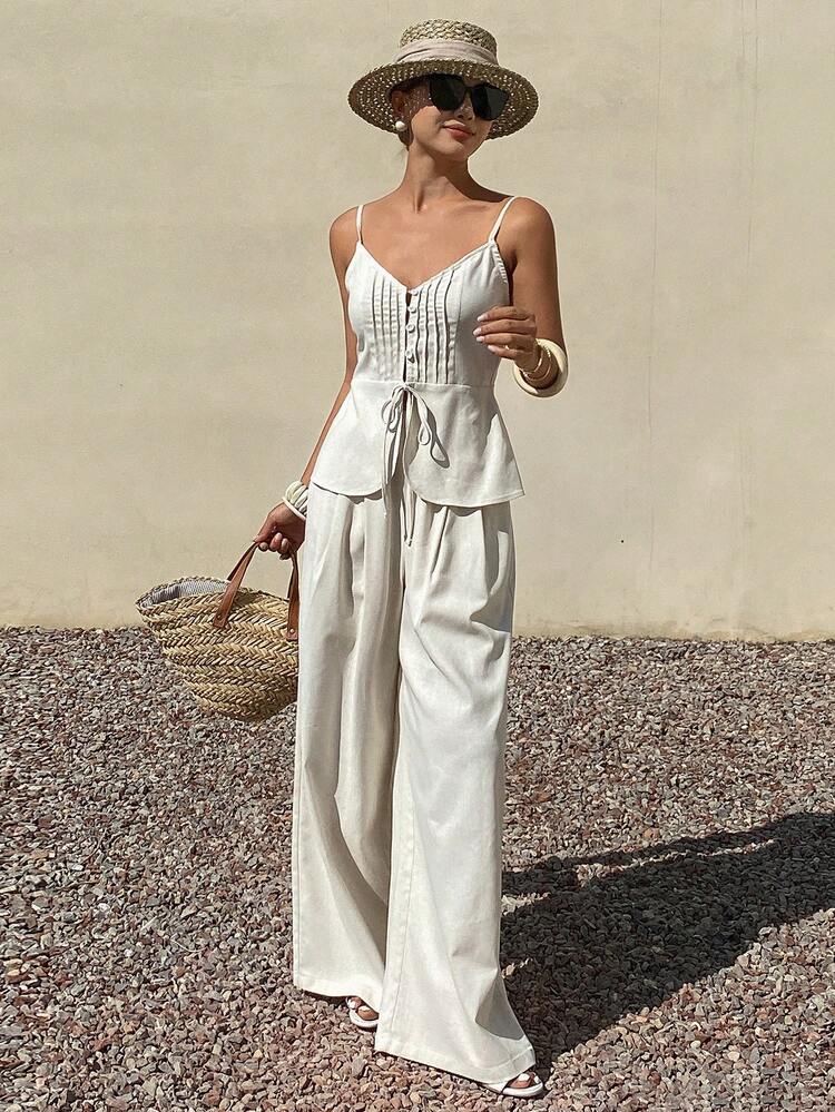Women's Solid Color Pleated Tie-Waist Butterfly Ruffle Camisole & Wide Leg Pants Casual Summer 2-Piece Set