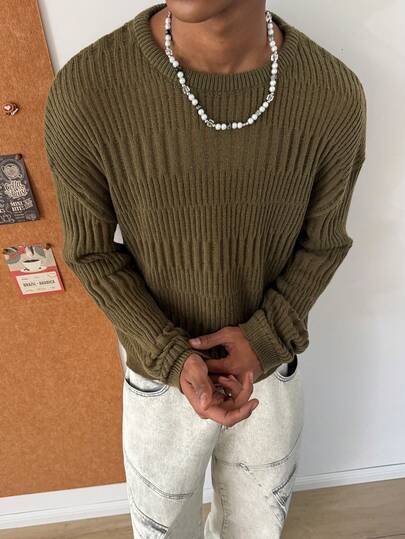 STEELVANCE Men's Solid Color Round Neck Drop Shoulder Long Sleeve Casual Sweater, Autumn/Winter