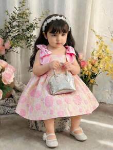 SHEIN Vestido de gasa de princesa con tirantes de lazo con estampado floral pequeño para niña bebé - Multicolor - Ver 4