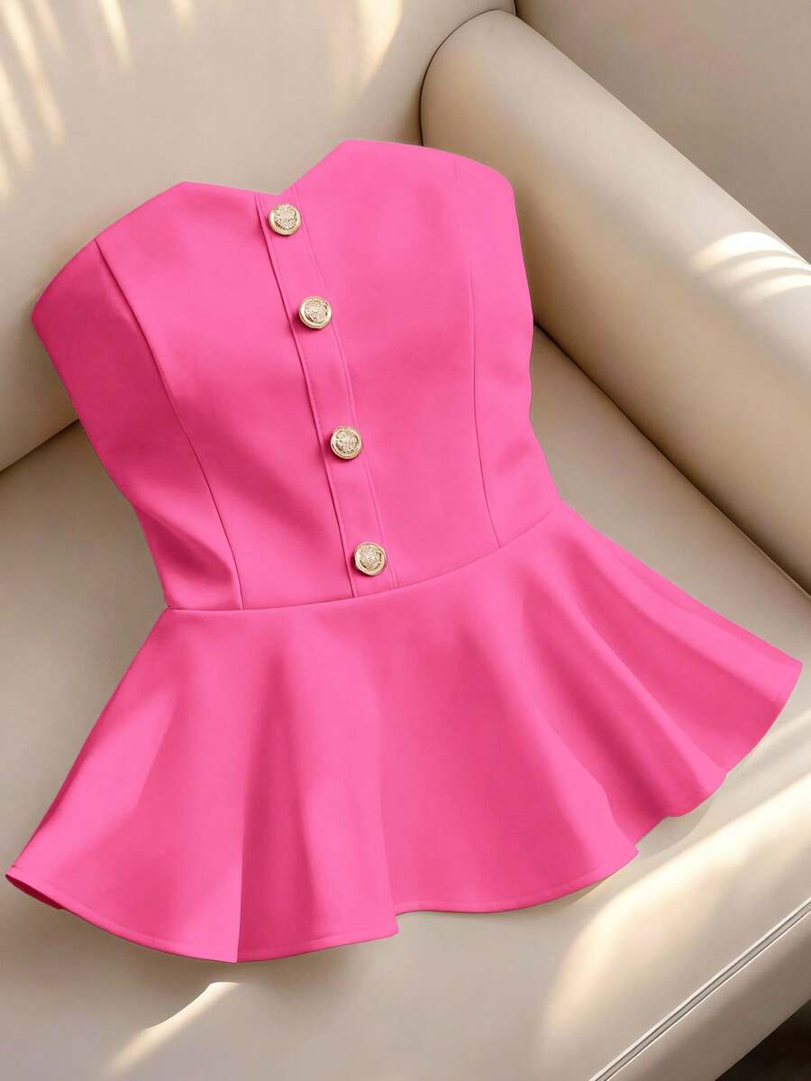 SHEIN LUNE 女士优雅衬衫度假装扮黑色上衣外出派对上衣嘉年华服装情人节服装夏季上衣抹胸上衣露肩上衣性感上衣 - 西瓜粉 - 查看 1