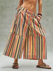 Bohemela Casual Vacation Woven Striped Loose Wide-Leg Pants For Women - Multicolor - View 2