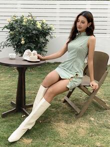 EastFlair Women's Plaid Stand Collar Split Design Casual Daily Vacation Travel Mini Dress,Valentine's Day,St Patrick's Day - Green - View 6