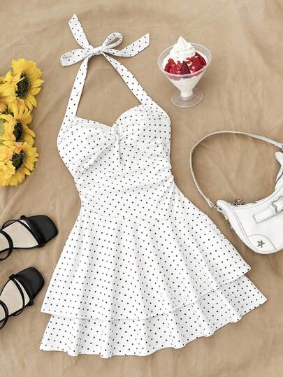 Kids Teen Girls Dresses Polka Dot Print Dresses Backless White Mini Dress With Tie/Ruffled Hem And Double Layer/ Suitable For Party/Date/Valentine's Day/Vacation Outfits /Vacation Dress/Beach Vacation Outfits White Summer Dress Cute Summer Clothes Polka Dot Dress White Polka Dot Dress Halter Dress White Dresses White Halter Dress Dress Color White Cute Dress Cute Outfits For Teen Girls Summer Dress Tennis Outfit Girl Polka Dot Clothes Girl Polka Dot Swimsuit