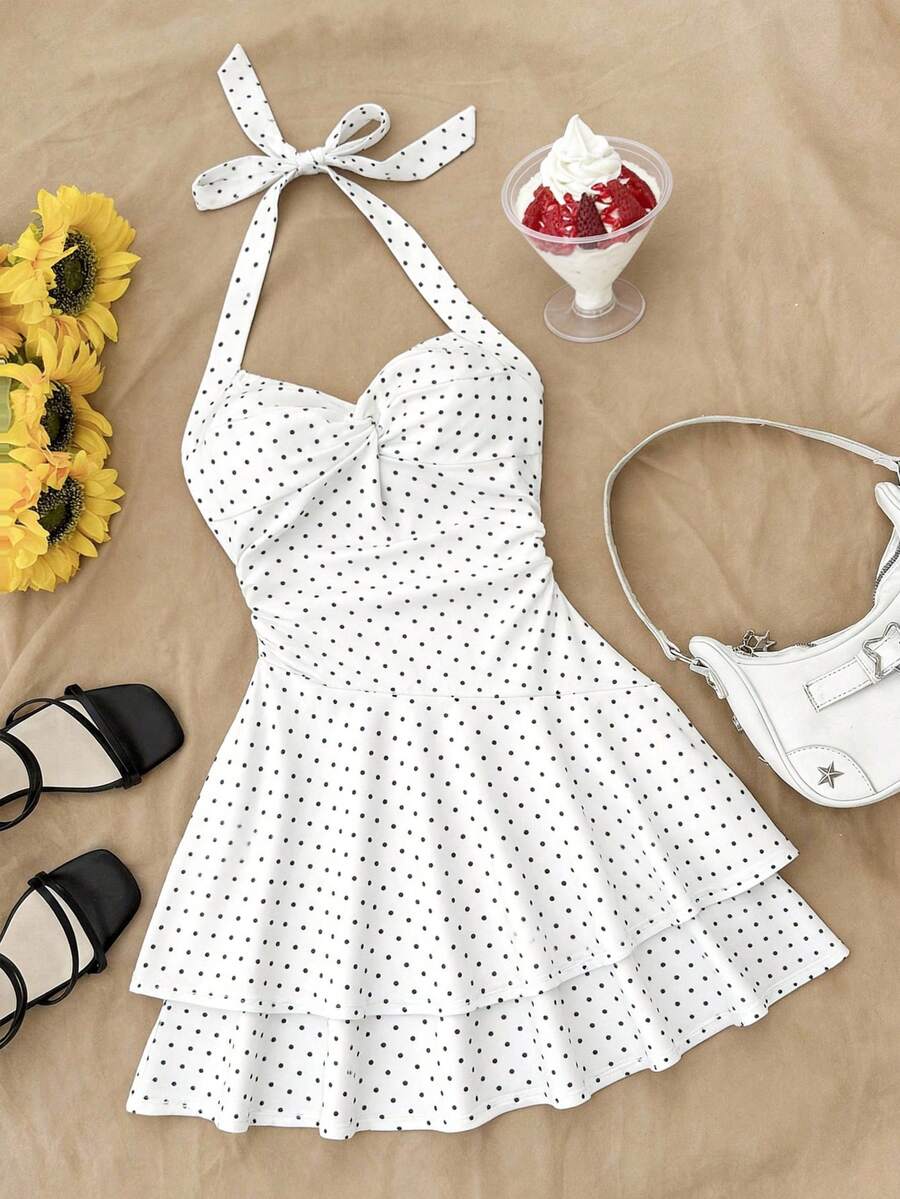 少女波点印花连衣裙，露背白色迷你连衣裙，系带/荷叶边下摆，双层设计/适合派对/约会/情人节/度假/海滩度假装扮 - 白色 - 查看 1