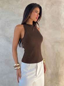 Aloruh Camiseta ajustada marrón con cadena de cuentas de resina y espalda descubierta para mujer - Marrón - Ver 3