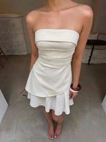 Aloruh New Minimalist Fashion Commuter Sleeveless Pleated Design 2 In 1 Mini Slim A-Line Dress - Apricot - View 7