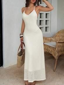 Pariaura Women's Elegant And Casual Apricot V-Neck Sexy Backless Halter Loose Maxi Beach Vacation Dress - Apricot - View 8